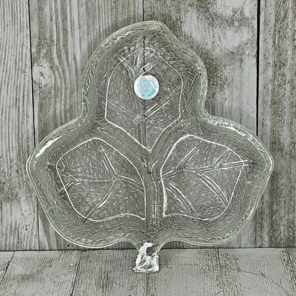 Vintage Romanian Pressed Crystal Leaf Shaped Divided Serving Dish - Picture 1 of 3